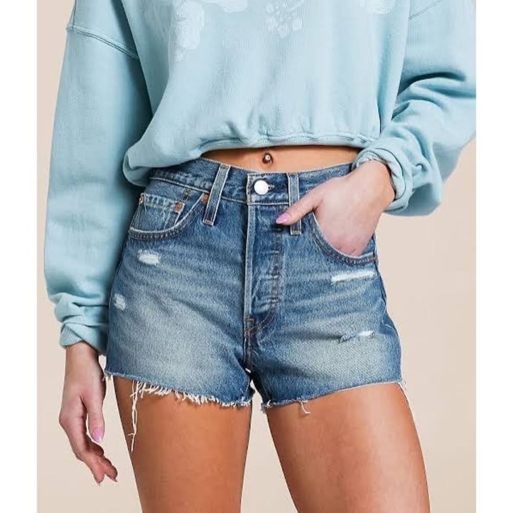 Levi's Womens Size 30 501 Original Shorts Blue High Rise Distressed Raw Hem NEW